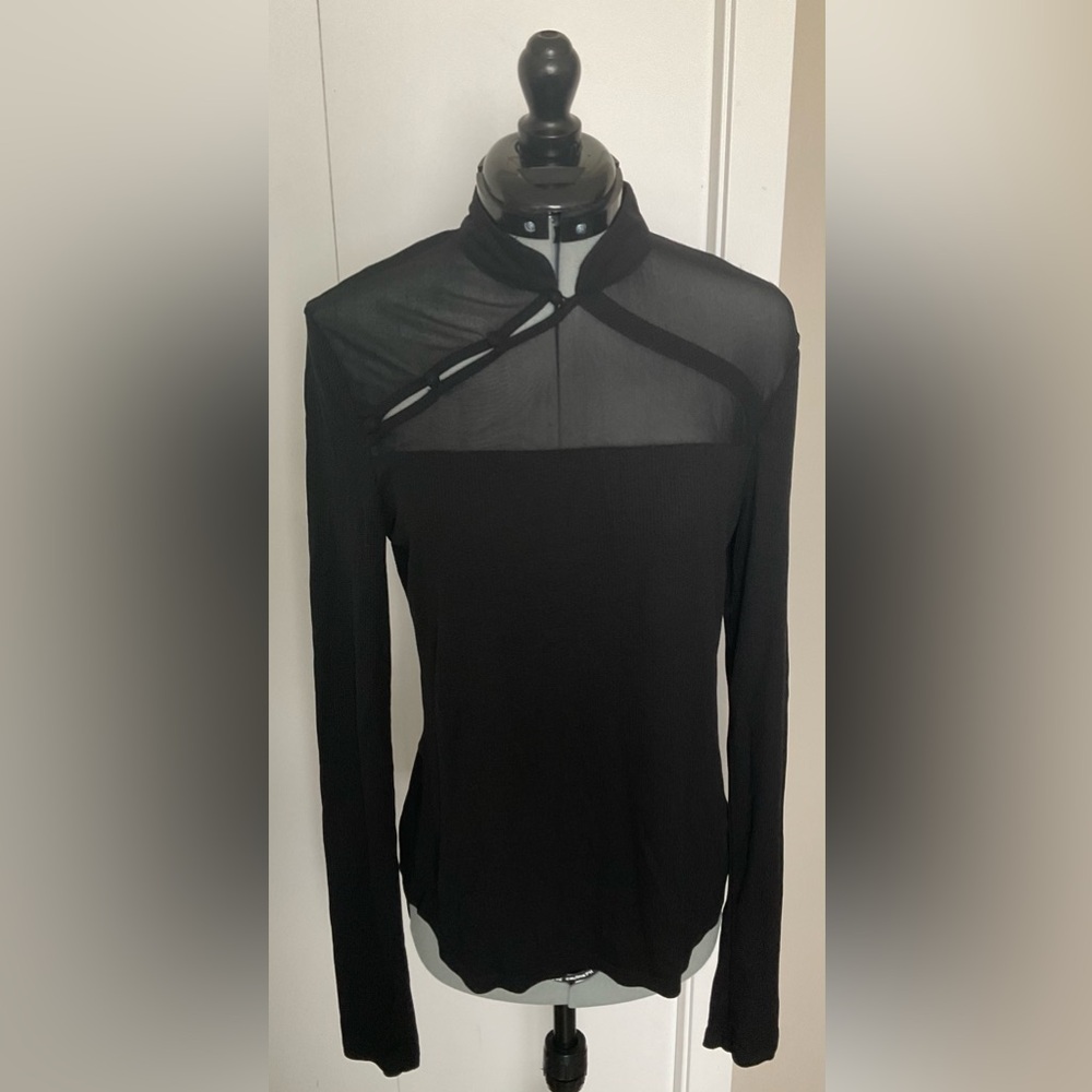 mandarin collar long sleeve mesh top size s